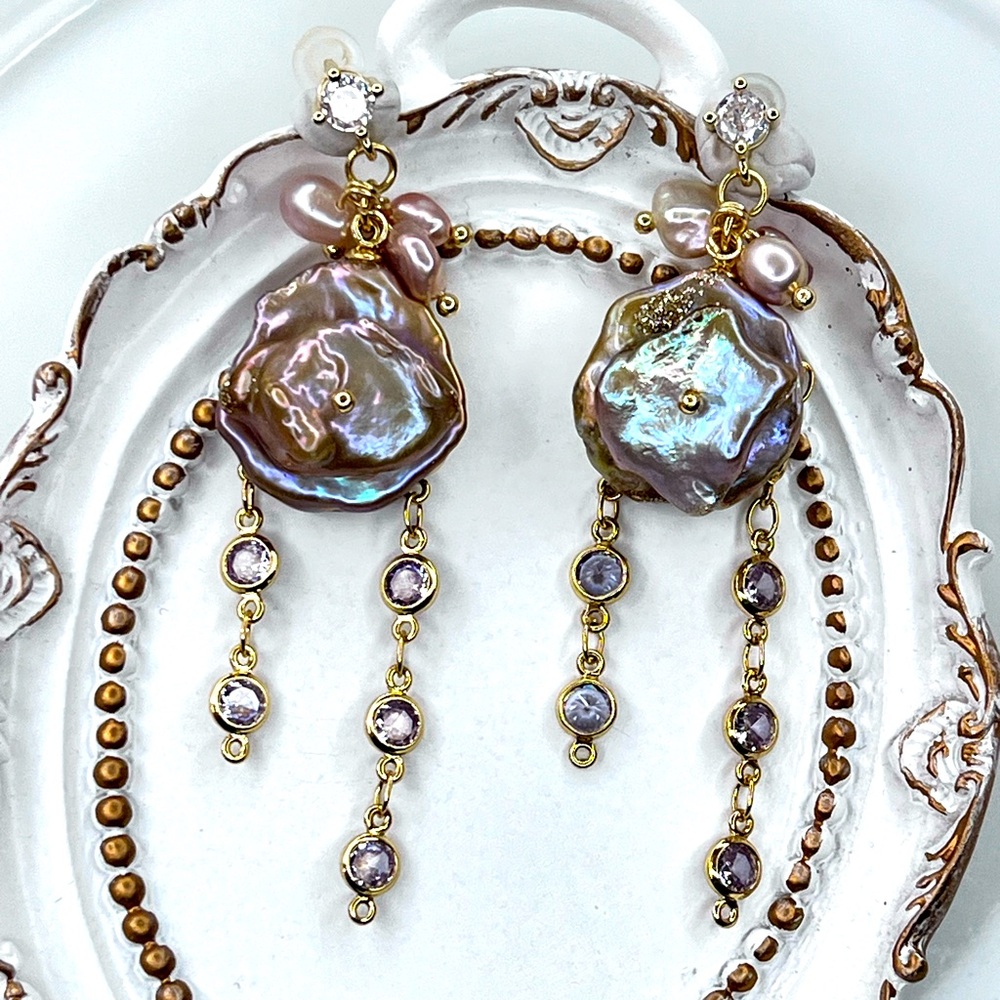 Handmade Freshwater Unicorn Keshi Pearl Flower 🌺 Crystal Earrings S925 SS Posts